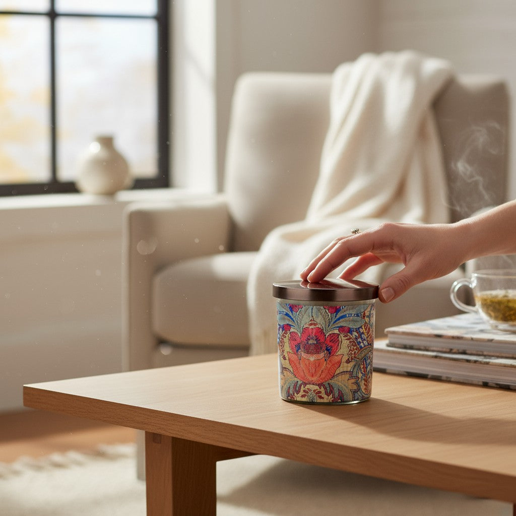 Timeless Tapestry – Eco-Luxe Scented Candle | Coconut Apricot Wax | Vintage Textile Artwork Retro Design