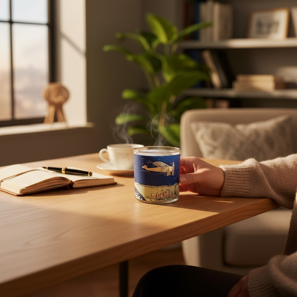 Person holding a steaming cup of coffee in a cozy room with a book and plant.