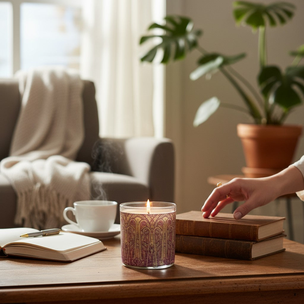 Candle burning on a table with books, a cup of coffee, and a plant in the background