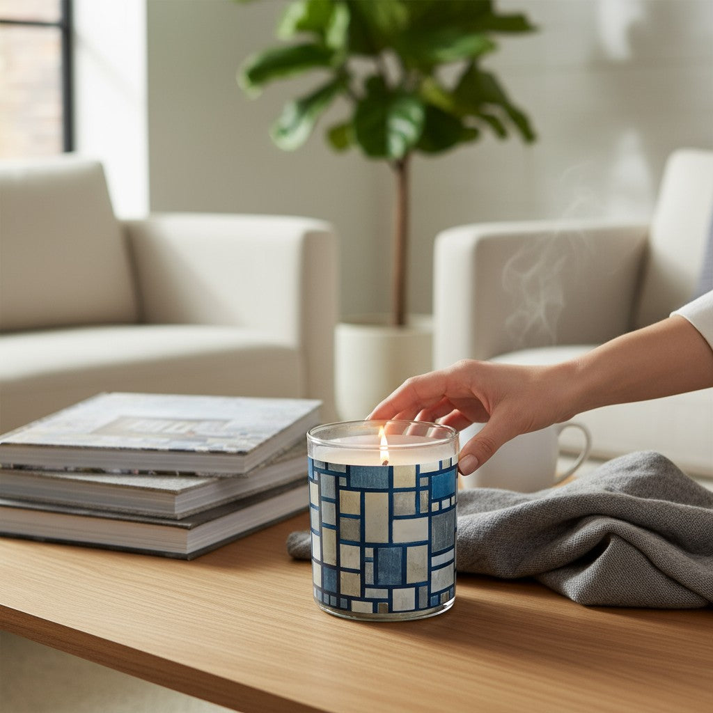 Hand lighting a scented candle with a geometric pattern on a wooden table in a cozy living room.