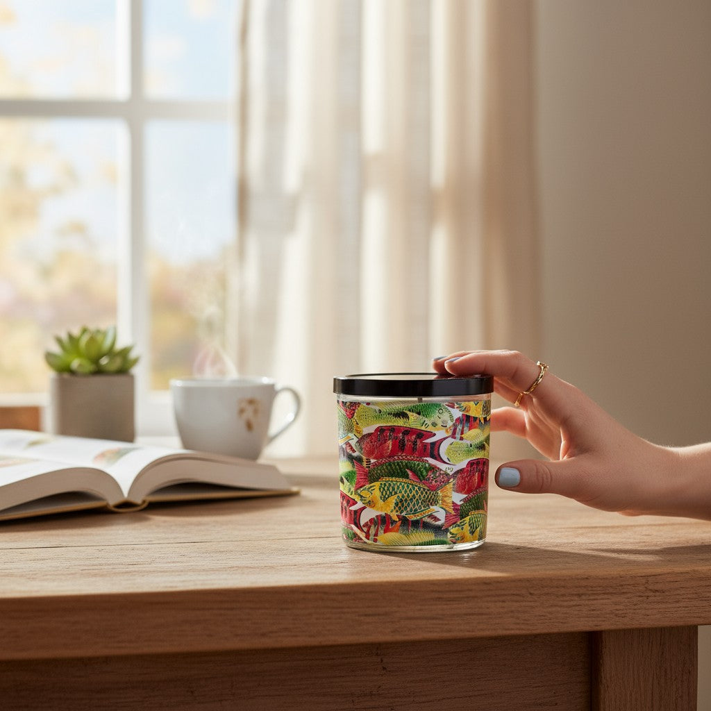 Colorful mug with fish pattern on a wooden table next to an open book and a cup.