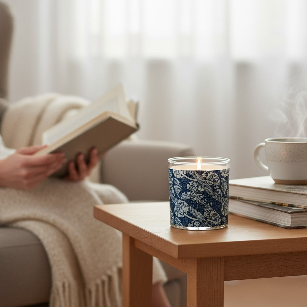 Candle with decorative design on a table next to a person reading a book in a cozy living room.