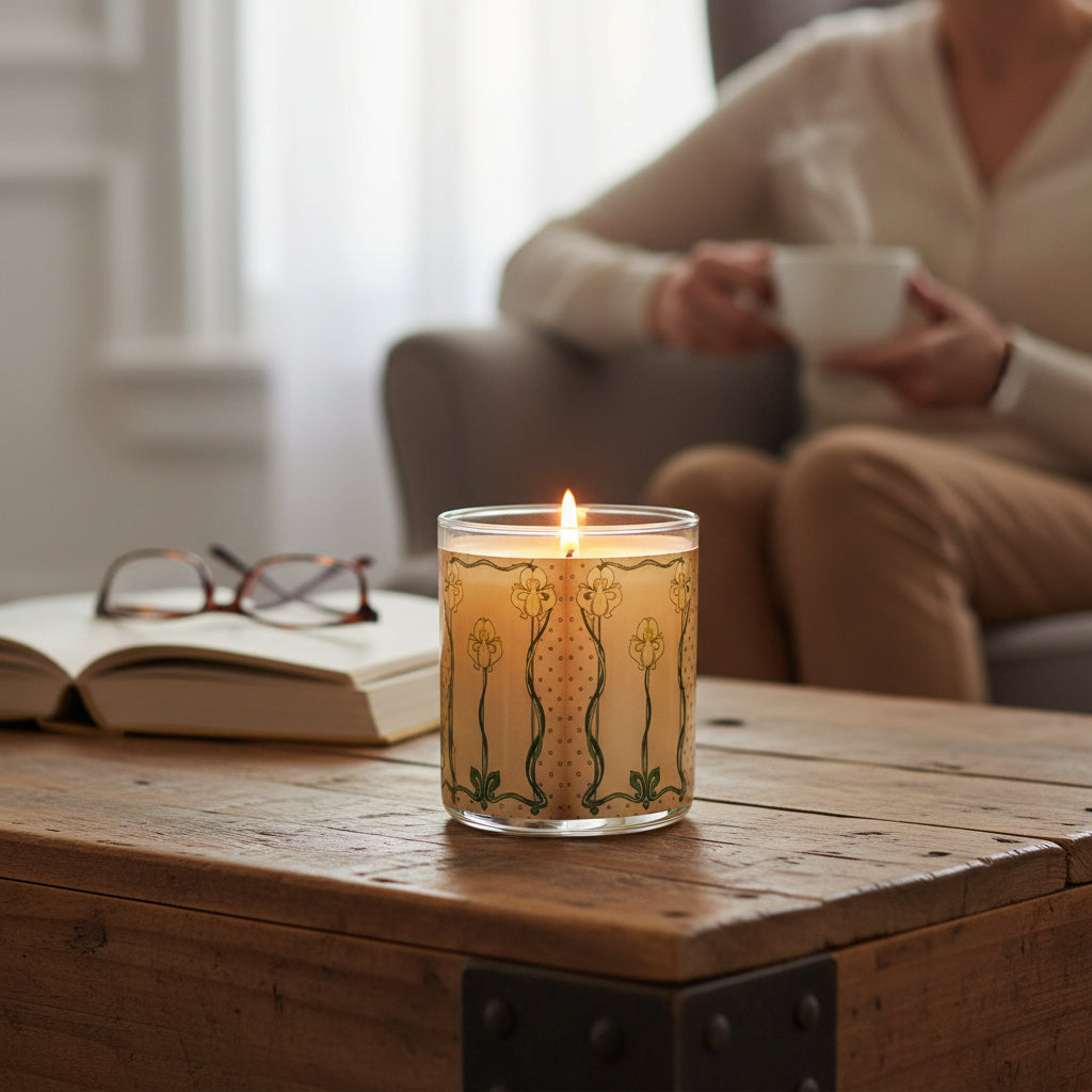 Candle with decorative design on a wooden table, person holding a mug in the background