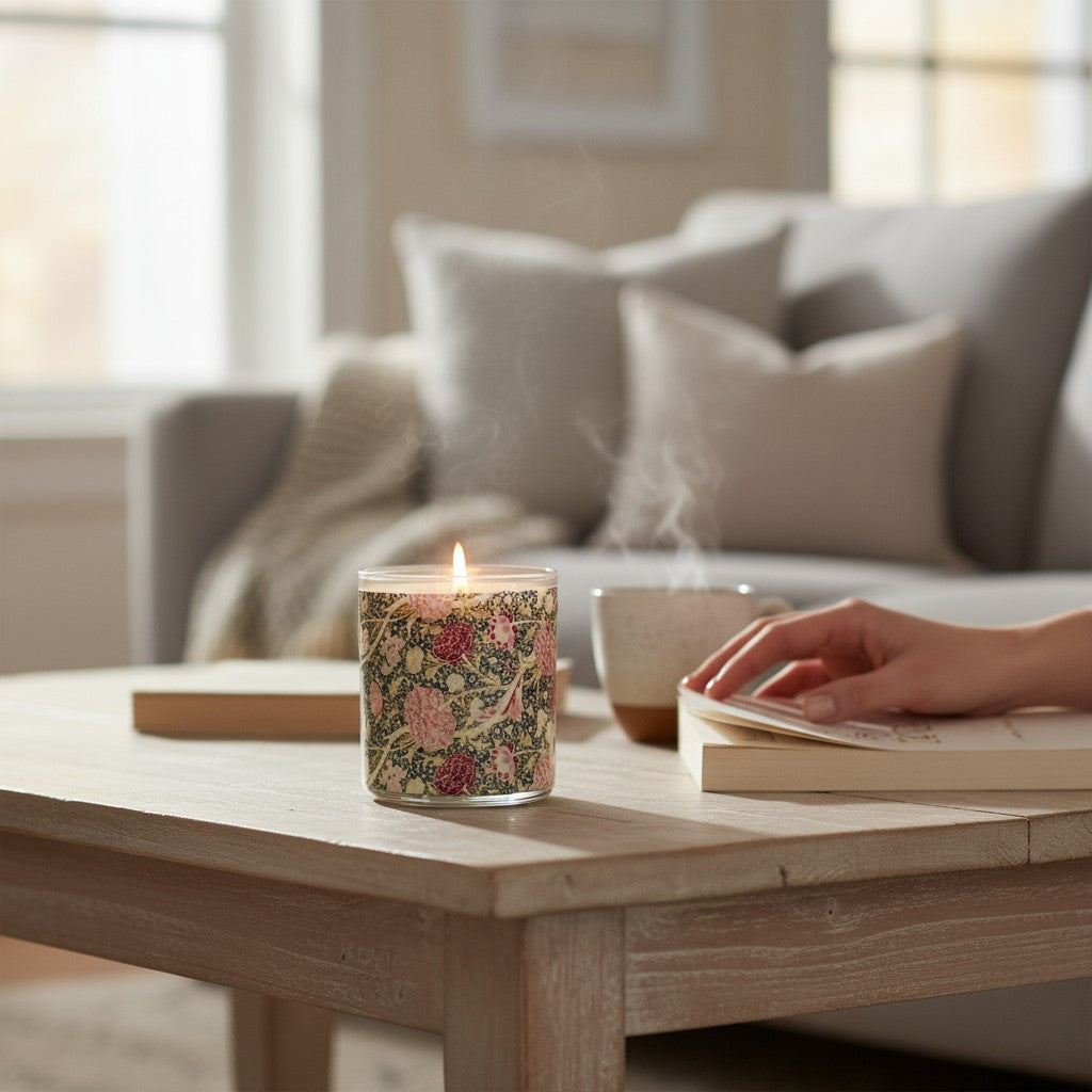 Candle with floral design on a wooden table in a cozy living room.
