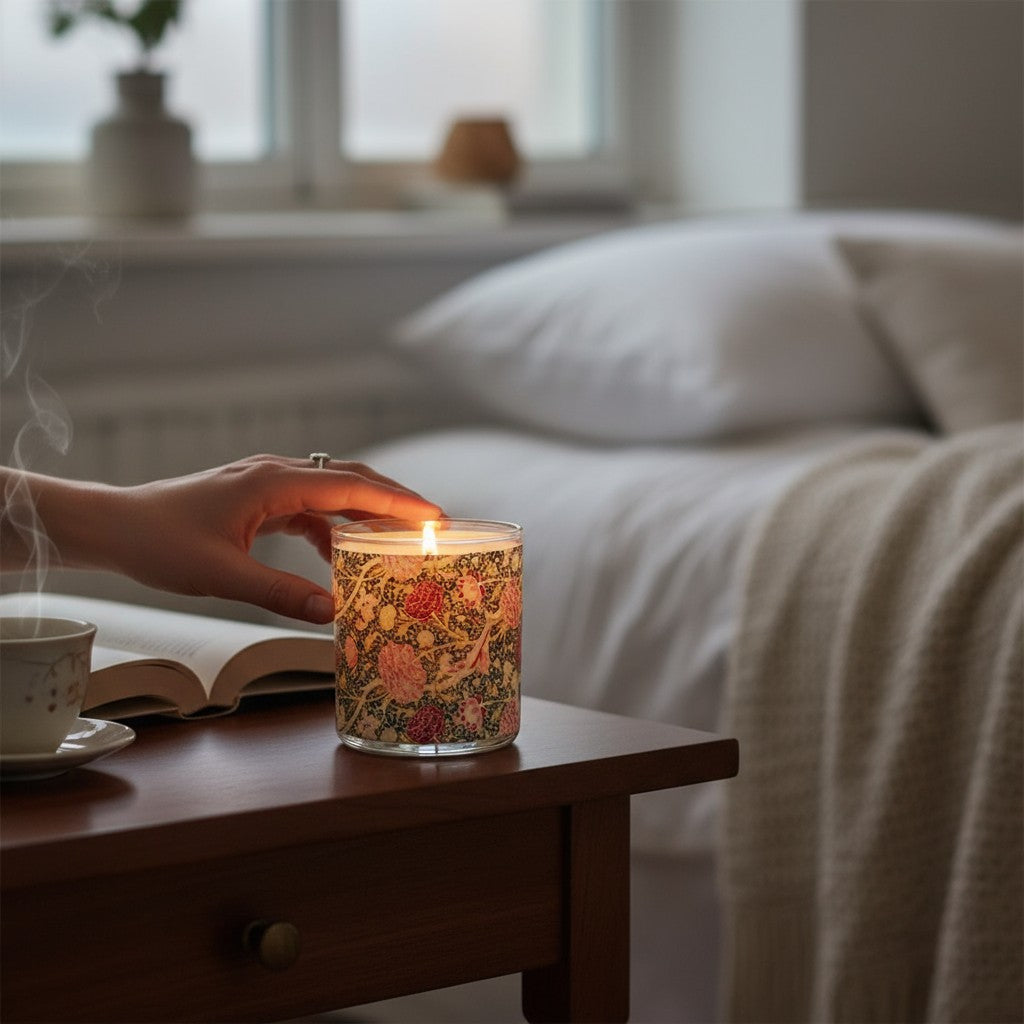 Candle with floral design on a table next to an open book and a cup, with a cozy room in the background.