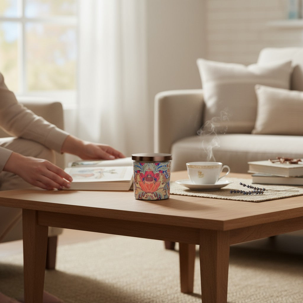 Person reading a book on a wooden coffee table with a cup and decorative items in a cozy living room.