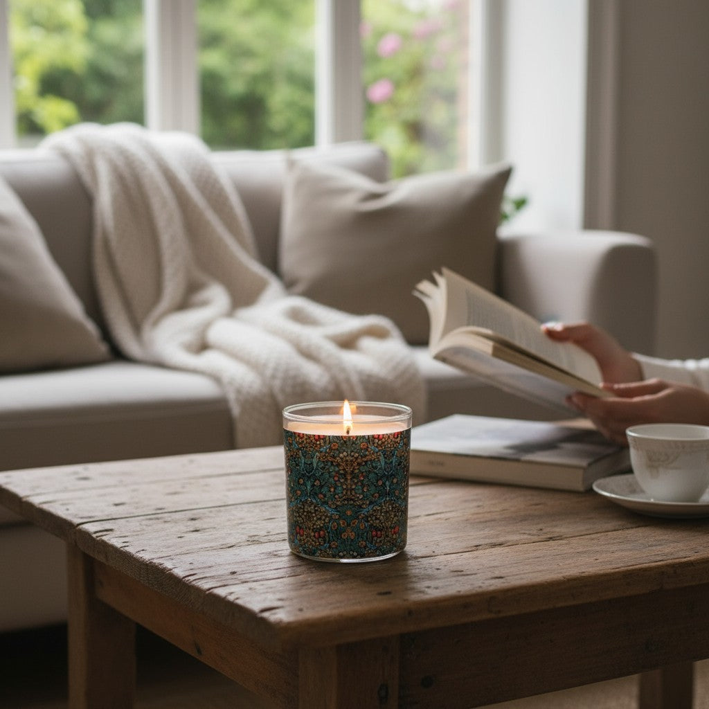Candle on a wooden table with a person reading a book in a cozy living room.