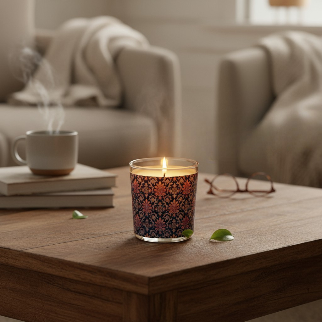 Candle with floral pattern on a wooden table in a cozy living room.