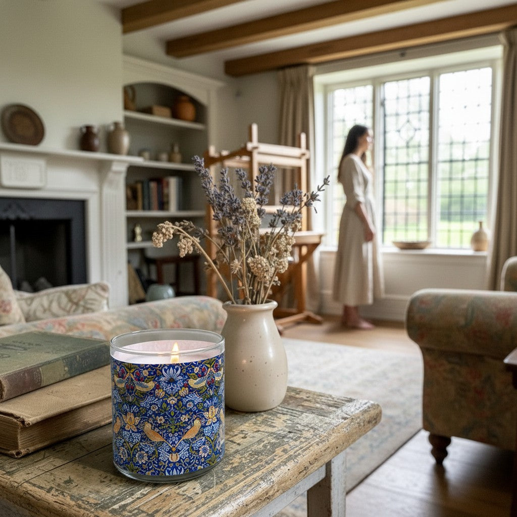 Candle with floral design on a wooden table in a cozy living room.