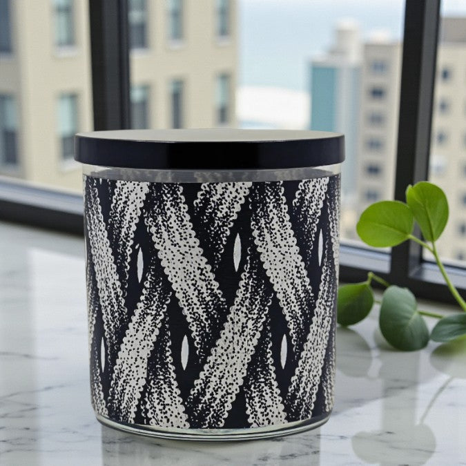 Woven Noir – Eco-Luxe Scented Candle | Coconut Apricot Wax | Vintage Textile Artwork Retro Design